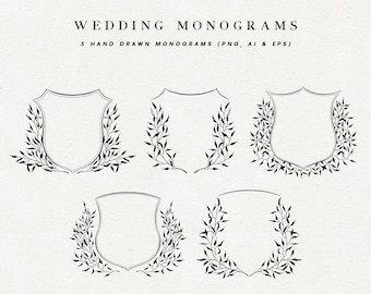 Hand Drawn Wedding Monogram Clipart: Elegant Crest Designs (PNG, EPS, AI)