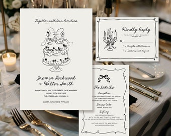 Hand Drawn Wedding Invitation Set Template, Whimsical Wedding Invites Suite, Quirky Handwritten invitations, Editable Template Download