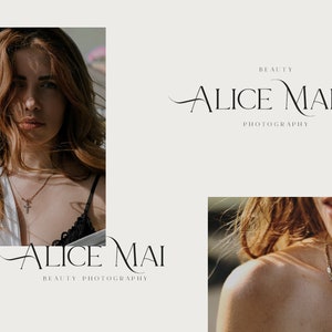 May include: A woman with long, wavy brown hair is wearing a white shirt and a black bra. She is wearing a silver necklace with a cross pendant. The text "Alice Mai Beauty Photography" is displayed below the image.