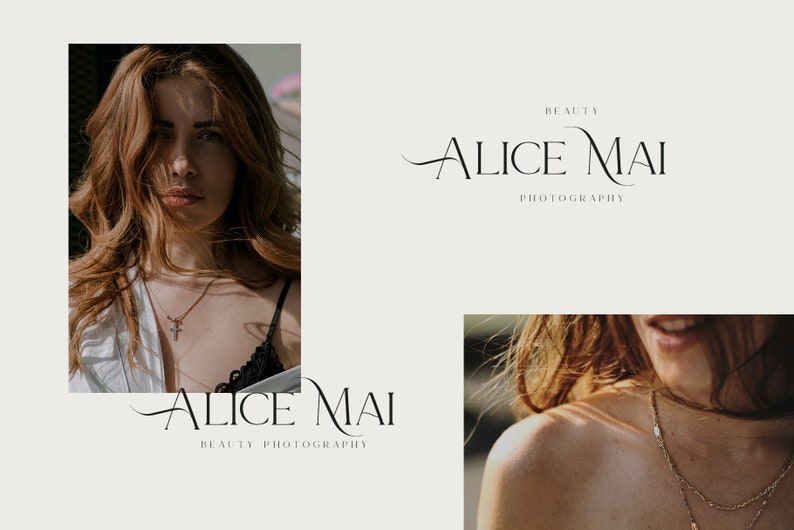 May include: A woman with long, wavy brown hair is wearing a white shirt and a black bra. She is wearing a silver necklace with a cross pendant. The text "Alice Mai Beauty Photography" is displayed below the image.