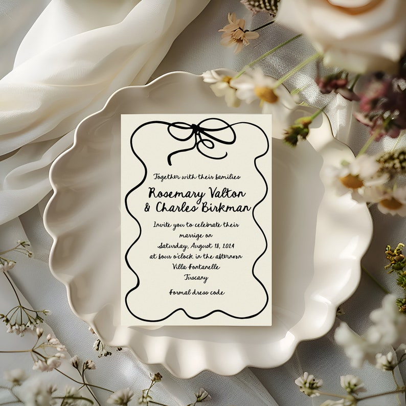 Wedding invitations, hand drawn wavy invitation suite