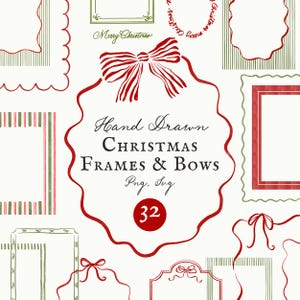 以下が含まれることがあります： 赤と緑の手描きのクリスマスフレームとリボンのコレクション。テキスト「Hand Drawn CHRISTMAS FRAMES & BOWS」と「32」が含まれています。さまざまなフレーム形状とリボンのイラストが含まれています。