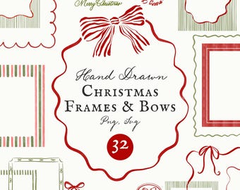 May include: A collection of hand-drawn Christmas frames and bows in red and green, with the text "Hand Drawn CHRISTMAS FRAMES & BOWS" and "32". The designs include various frame shapes and bow illustrations.