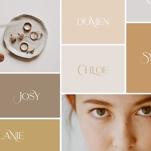 May include: A collage of images featuring various names written in a decorative script font. The names include: JOSY, CHLOE, DOMEN, MELANIE, SYLVIE, and OSET. The collage also includes a close-up of a person's eyes and a small plate with jewellery.
