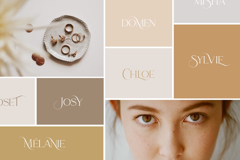 May include: A collage of images featuring various names written in a decorative script font. The names include: JOSY, CHLOE, DOMEN, MELANIE, SYLVIE, and OSET. The collage also includes a close-up of a person's eyes and a small plate with jewellery.