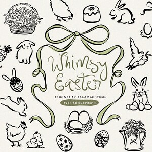 May include: Whimsy Easter clip art set with over 50 elements. Black and white illustrations of bunnies, chicks, eggs, flowers, and more. Perfect for crafting, scrapbooking, and digital projects.
