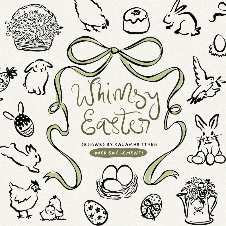 May include: Whimsy Easter clip art set with over 50 elements. Black and white illustrations of bunnies, chicks, eggs, flowers, and more. Perfect for crafting, scrapbooking, and digital projects.
