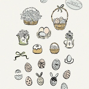 May include: A set of 21 hand-drawn Easter illustrations featuring flowers, eggs, baskets, and other spring-themed elements. The illustrations are in black and white with a light brown color palette.