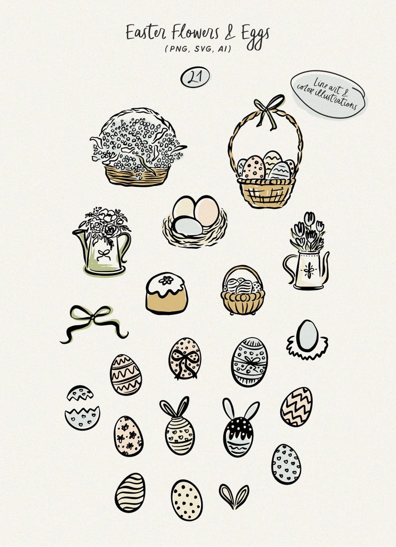 May include: A set of 21 hand-drawn Easter illustrations featuring flowers, eggs, baskets, and other spring-themed elements. The illustrations are in black and white with a light brown color palette.