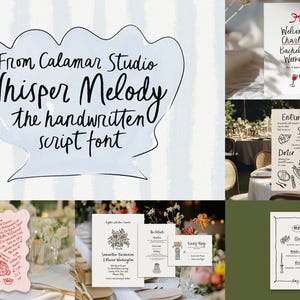 Puede incluir: Una colecci&oacute;n de papeler&iacute;a y se&ntilde;alizaci&oacute;n para bodas, que incluye invitaciones, men&uacute;s y carteles de bienvenida. Los dise&ntilde;os presentan una fuente manuscrita, con ilustraciones de comida y bebida. La paleta de colores es neutra, con un enfoque en blanco y negro.