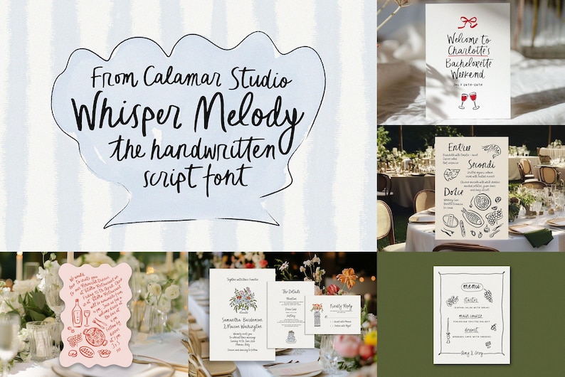 Puede incluir: Una colecci&oacute;n de papeler&iacute;a y se&ntilde;alizaci&oacute;n para bodas, que incluye invitaciones, men&uacute;s y carteles de bienvenida. Los dise&ntilde;os presentan una fuente manuscrita, con ilustraciones de comida y bebida. La paleta de colores es neutra, con un enfoque en blanco y negro.