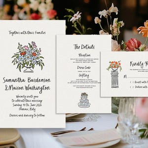 Puede incluir: Conjunto de invitaciones de boda con ilustraciones florales. El conjunto incluye una invitaci&oacute;n, una tarjeta de detalles y una tarjeta de respuesta. La invitaci&oacute;n presenta los nombres Samantha Bardenson & Maison Washington.