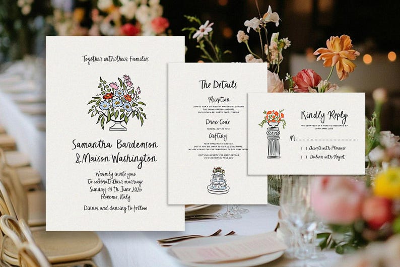 Puede incluir: Conjunto de invitaciones de boda con ilustraciones florales. El conjunto incluye una invitaci&oacute;n, una tarjeta de detalles y una tarjeta de respuesta. La invitaci&oacute;n presenta los nombres Samantha Bardenson & Maison Washington.