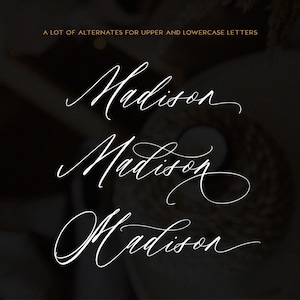 May include: Three different handwritten versions of the name "Madison" in a white cursive font on a black background.