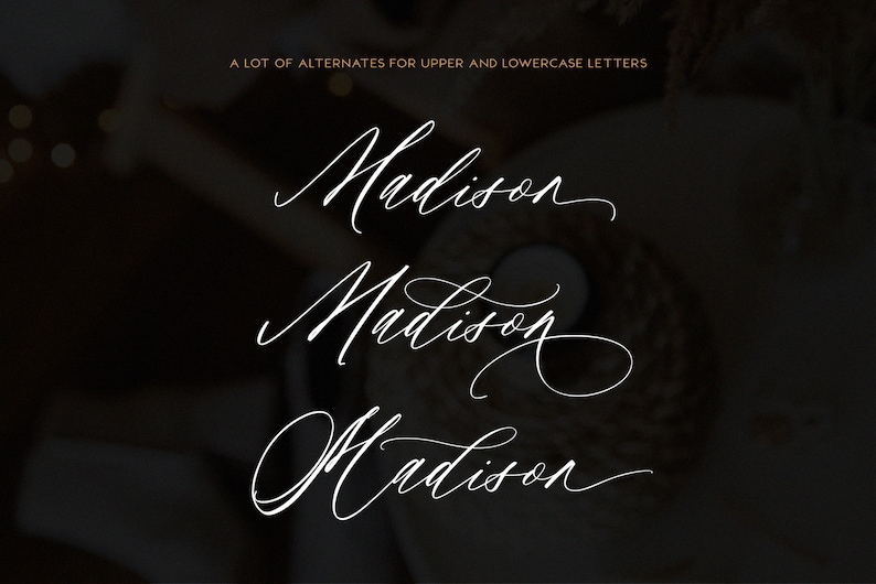 May include: Three different handwritten versions of the name "Madison" in a white cursive font on a black background.