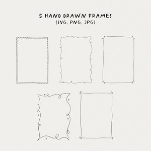 Puede incluir: Cinco marcos dibujados a mano en negro, perfectos para agregar un toque personal a tus diseños. Los marcos son de diferentes estilos, incluyendo un rectángulo simple, un marco ondulado y un marco con un borde festoneado.