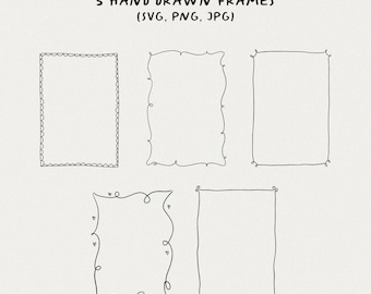 May include: Five hand-drawn frames in black, perfect for adding a personal touch to your designs. The frames are in different styles, including a simple rectangle, a wavy frame, and a frame with a scalloped edge.