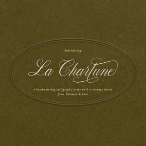 May include: An olive-green background with an oval frame containing the words "Introducing La Chartune" in a flowing, elegant script. Below, it reads "a handwritten calligraphy script with a vintage charm from Calamar Studio."