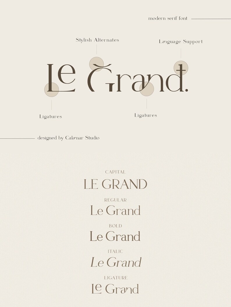 K&ouml;nnte beinhalten: Ein Schriftdesign namens "Le Grand" mit einem modernen Serifenstil. Die Schriftart wird in verschiedenen Stilen gezeigt, darunter Gro&szlig;buchstaben, normal, fett, kursiv und Ligatur.
