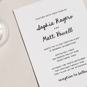 May include: Wedding invitation card with white background and black text. The invitation is for Sophia Rogers and Matt Powell. The wedding will be held at Ashton Hill Farm, 234 Vernon Valley Road, Cedar Rapids, Iowa on Saturday, September 10, 2025 at 5:00 PM. The reception will follow.