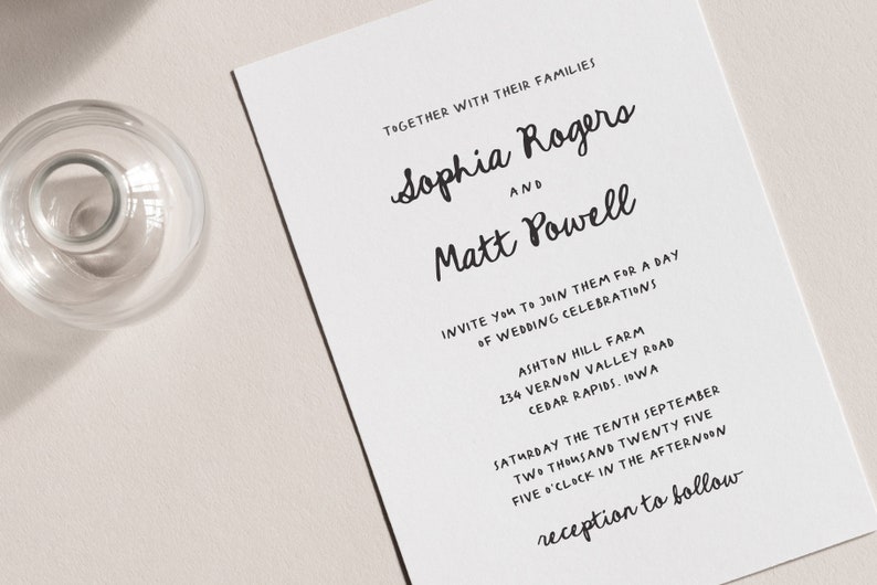 May include: Wedding invitation card with white background and black text. The invitation is for Sophia Rogers and Matt Powell. The wedding will be held at Ashton Hill Farm, 234 Vernon Valley Road, Cedar Rapids, Iowa on Saturday, September 10, 2025 at 5:00 PM. The reception will follow.