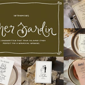 Puede incluir: Imagen que presenta art&iacute;culos de papeler&iacute;a y tarjetas de men&uacute; de boda. La imagen principal muestra el texto "Cher Jardin" en una fuente manuscrita, con el lema "Perfect for a Whimsical Wedding". Otras tarjetas incluyen detalles del men&uacute; y de la boda.