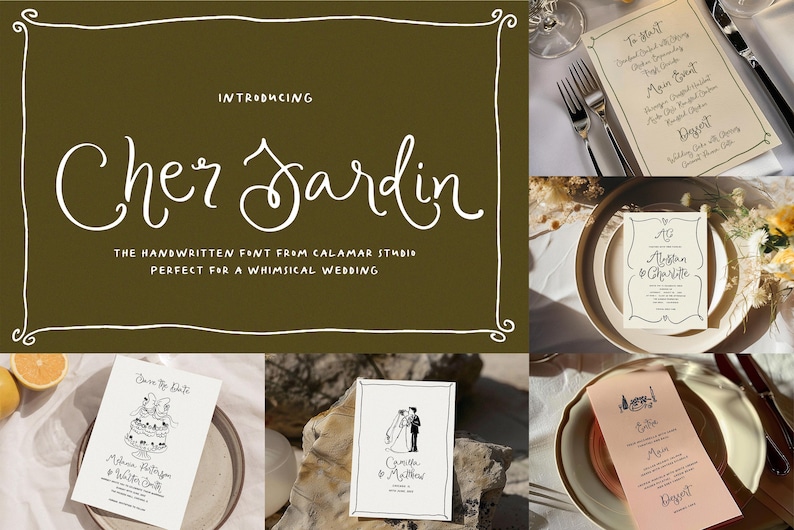 Puede incluir: Imagen que presenta art&iacute;culos de papeler&iacute;a y tarjetas de men&uacute; de boda. La imagen principal muestra el texto "Cher Jardin" en una fuente manuscrita, con el lema "Perfect for a Whimsical Wedding". Otras tarjetas incluyen detalles del men&uacute; y de la boda.