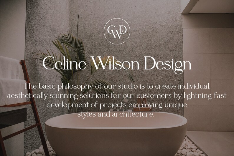 K&ouml;nnte beinhalten: Eine wei&szlig;e Badewanne steht in einem Badezimmer mit einer grauen Fliesenwand und einem wei&szlig;en Fliesenboden. Das Badezimmer hat ein gro&szlig;es Fenster und eine Pflanze in der Ecke. Der Text "Celine Wilson Design" ist in Wei&szlig; an der Wand &uuml;ber der Badewanne geschrieben. Der Text "The basic philosophy of our studio is to create individual, aesthetically stunning solutions for our customers by lightning-fast development of projects employing unique styles and architecture." ist in Wei&szlig; unter der Badewanne geschrieben.