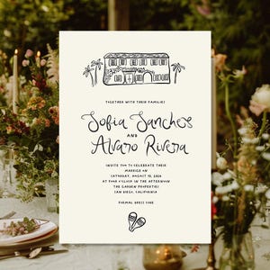 Puede incluir: Una invitaci&oacute;n de boda con una ilustraci&oacute;n dibujada a mano de un edificio con palmeras. La invitaci&oacute;n es para Sofia Sanches y Alvaro Rivera, y dice que la boda tendr&aacute; lugar el s&aacute;bado 12 de agosto de 2024 a las 4 p.m. en The Garden Properties en San Diego, California. La invitaci&oacute;n tambi&eacute;n incluye una peque&ntilde;a ilustraci&oacute;n de maracas.