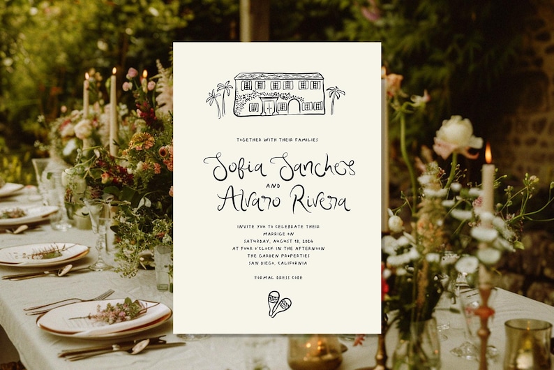 Puede incluir: Una invitaci&oacute;n de boda con una ilustraci&oacute;n dibujada a mano de un edificio con palmeras. La invitaci&oacute;n es para Sofia Sanches y Alvaro Rivera, y dice que la boda tendr&aacute; lugar el s&aacute;bado 12 de agosto de 2024 a las 4 p.m. en The Garden Properties en San Diego, California. La invitaci&oacute;n tambi&eacute;n incluye una peque&ntilde;a ilustraci&oacute;n de maracas.