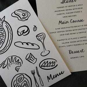 May include: A black and white hand-drawn menu with a list of food items. The menu includes a starter, main course, and dessert. The menu items are: Terrine of chicken & wild mushrooms served with pear compote, parsnip puree & chive dressing. Slow oven roasted breast of free range chicken served with gratin potatoes, crisp fine beans & chicken gravy. Pampietta of plaice & smoked salmon served with mash potato, confit fennel salsa. Wedding cake.