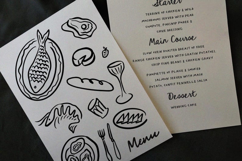 May include: A black and white hand-drawn menu with a list of food items. The menu includes a starter, main course, and dessert. The menu items are: Terrine of chicken & wild mushrooms served with pear compote, parsnip puree & chive dressing. Slow oven roasted breast of free range chicken served with gratin potatoes, crisp fine beans & chicken gravy. Pampietta of plaice & smoked salmon served with mash potato, confit fennel salsa. Wedding cake.