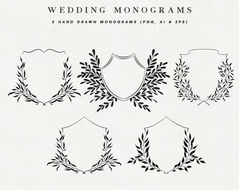 Hand-Drawn Wedding Monogram Crests: Floral Line Art (PNG, EPS, AI)