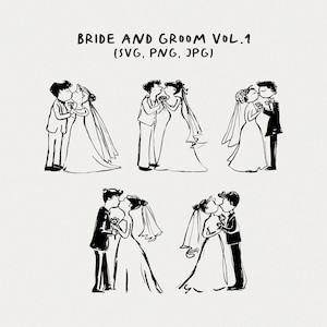 Ilustrações desenhadas à mão de casal de noivos, SVG PNG de casamento engraçado, clipart caprichoso de casal de casamento para convite de noiva