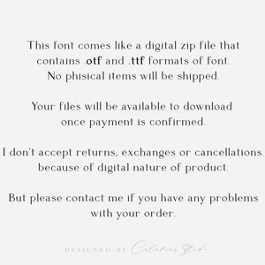K&ouml;nnte beinhalten: Text auf wei&szlig;em Hintergrund: Diese Schriftart wird als digitale Zip-Datei geliefert, die die Formate .otf und .ttf der Schriftart enth&auml;lt. Es werden keine physischen Artikel versandt. Ihre Dateien stehen zum Download bereit, sobald die Zahlung best&auml;tigt wurde. Ich akzeptiere keine R&uuml;cksendungen, Umtausch oder Stornierungen aufgrund der digitalen Natur des Produkts. Bitte kontaktieren Sie mich jedoch, wenn Sie Probleme mit Ihrer Bestellung haben. GESTALTET VON Colemmar Studio.