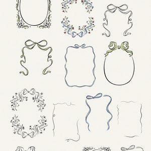 May include: A set of 14 hand-drawn Easter frames featuring floral wreaths, bows, and ribbons. The frames are in black and white with blue and green accents. The frames are perfect for adding a touch of spring to your designs.
