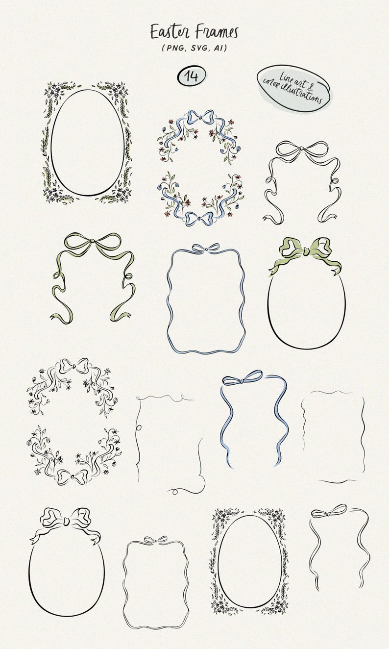 May include: A set of 14 hand-drawn Easter frames featuring floral wreaths, bows, and ribbons. The frames are in black and white with blue and green accents. The frames are perfect for adding a touch of spring to your designs.