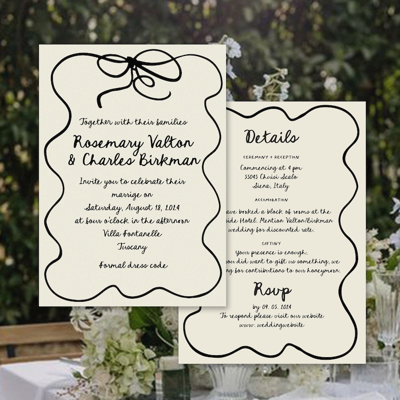 Wedding invitations, hand drawn wavy invitation suite