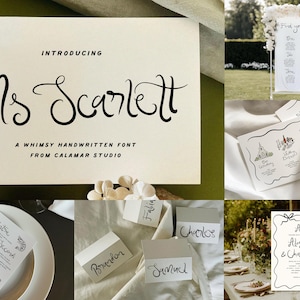 Puede incluir: Una colecci&oacute;n de papeler&iacute;a de boda, que incluye un letrero que dice "Find your seat", tarjetas de mesa con nombres y men&uacute;s. La imagen principal presenta una tarjeta que presenta "Ms. Scarlett", una fuente manuscrita caprichosa de Calamar Studio.