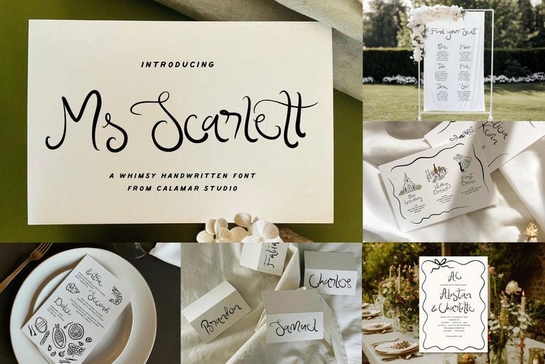 Puede incluir: Una colecci&oacute;n de papeler&iacute;a de boda, que incluye un letrero que dice "Find your seat", tarjetas de mesa con nombres y men&uacute;s. La imagen principal presenta una tarjeta que presenta "Ms. Scarlett", una fuente manuscrita caprichosa de Calamar Studio.