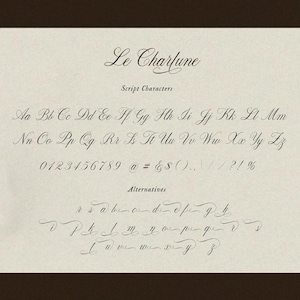 May include: A cream-colored sheet displays the "Le Charlune" font in black script. The image showcases the full alphabet, numbers, and symbols, along with alternative letter styles, perfect for calligraphy or design projects.