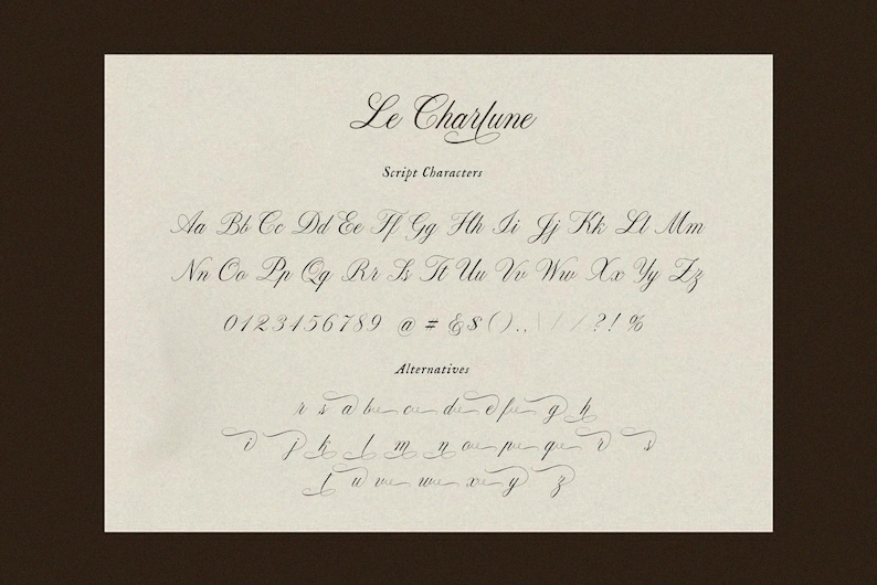 May include: A cream-colored sheet displays the "Le Charlune" font in black script. The image showcases the full alphabet, numbers, and symbols, along with alternative letter styles, perfect for calligraphy or design projects.