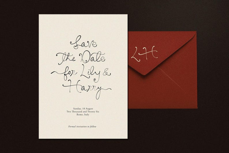 May include: A cream-colored invitation card with elegant calligraphy reading "Save The Date for Lily & Harry." A dark red envelope with the initials "LH" is next to the card. The text also includes the date, location, and a note about formal invitations.