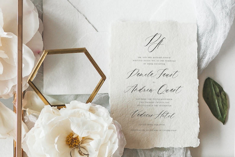 May include: Wedding invitation with a white background and black text. The invitation reads "Mr. and Mrs. Richard Roman joyfully invite you to the marriage of their daughter Pamela Faust to Andrew Quast Saturday the tenth of September two thousand twenty one two o'clock in the afternoon The Vedder Hotel Little Rock, Arkansas followed by an evening of celebration"