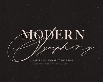May include: A graphic design with the words "MODERN Symphony" in a serif font and a cursive script overlay. The text "A MODERN CALLIGRAPHY FONT DUO" and "BRANDING | WEDDING | SOCIAL MEDIA" are also present on a dark background.