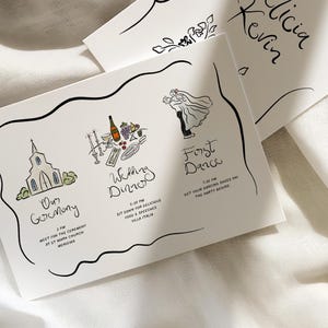 Puede incluir: Tarjetas de invitaci&oacute;n de boda blancas con texto e ilustraciones manuscritos en negro. Las tarjetas presentan una iglesia, una mesa de cena y una pareja bailando. Los nombres "Alicia" y "Kevin" tambi&eacute;n est&aacute;n escritos en las tarjetas.
