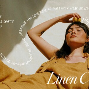 May include: A woman wearing a light brown linen jumpsuit with a tie detail on the straps. The text "Linen Club" is written in white cursive font on the bottom of the image. The text "CHANGING THE LANDSCAPE OF MATERNITY WEAR AS WE KNOW IT." is written in white cursive font around the woman's head. The text "JACKETS, SHIRTS, T-SHIRTS, DRESSES & SKIRTS, TROUSERS, COLLECTION IS AN ESSENTIAL LAYER FOR PREGNANCY AND BEYOND" is written in white cursive font on the left side of the image.