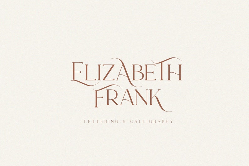 May include: A logo for a lettering and calligraphy business called "Elizabeth Frank". The name is written in a cursive font with a brown colour.