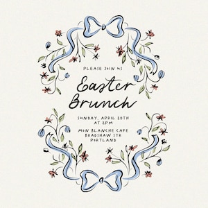 May include: A hand-drawn invitation for an Easter brunch at Mon Blanche Cafe in Portland. The invitation features a wreath of blue ribbons and flowers with the text "Please join us Easter Brunch" and details about the event.