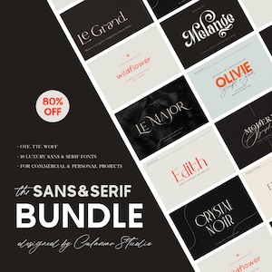 Può includere: Una collezione di 10 font sans serif e serif di lusso, progettate da Calamar Studio. I font sono visualizzati in una varietà di stili, tra cui moderno, script e scritto a mano. Il testo "the SANS & SERIF BUNDLE" è visualizzato in un font grande e in grassetto. Il testo "80% OFF" è visualizzato in un cerchio rosso.